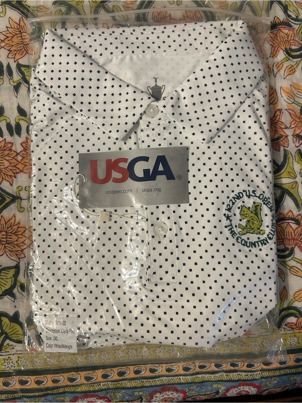 USGA Men's White Polo with Navy Micro Dot and Embroidered Crest